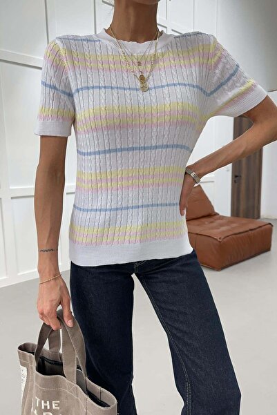 mylove Striped Short Sleeve Knitted Blouse White