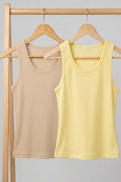 COTENCONCEPT 2 Pieces of Ribbed Fitted Viscose Blended Strappy T-Shirt