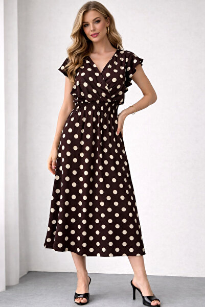 İLKCET MODA Μακρύ γυναικείο φόρεμα από ύφασμα Bürümcük σε καφέ χρώμα με πουά