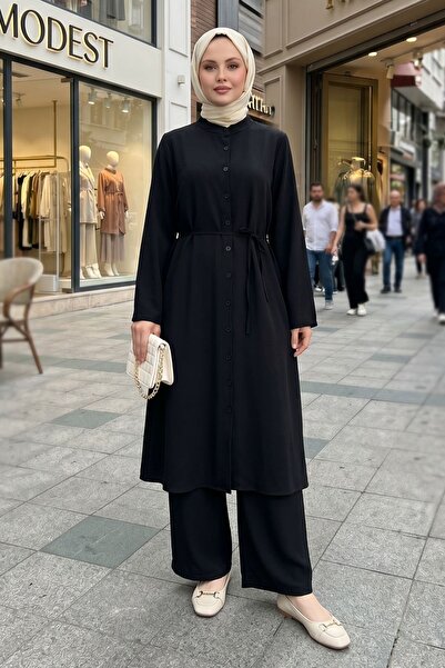 Naknaku Women's Black Judge Collar Belted Long Buttoned Comfortable Fit Hijab...