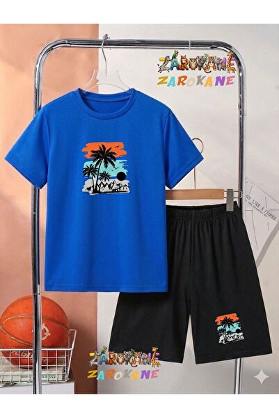 ZAROKANE Palm Tree and Coast Visual Printed Top and Shorts/T-Shirt Summer Chi...