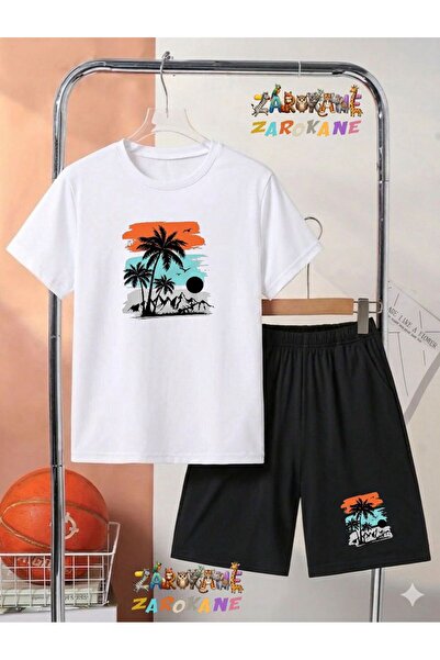 ZAROKANE Palm Tree and Coast Visual Printed Top and Shorts/T-Shirt Summer Chi...