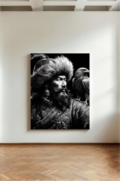 Kanvaspera Cengiz Han ve Kartal - Kanvas Tablo - Siyah Beyaz, Türk Tarihi Lid...