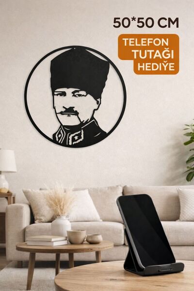 MUSTAFA KEMAL ATATÜRK Dekoratif Siyah Metal Tablo 50x50 Cm Metal Telefon Tutacağı HEDİYELİ