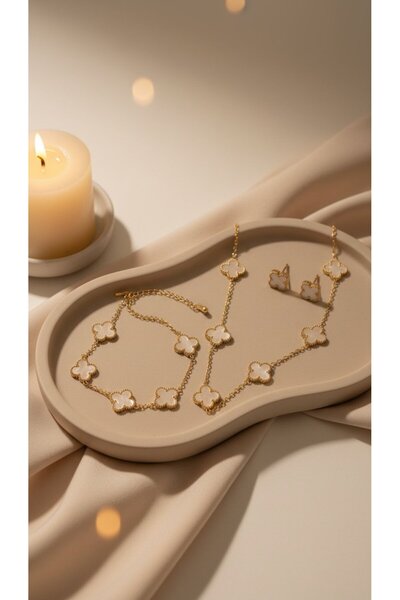 SR Jewelry Box Beyaz Yonca Set (Kolye + Bileklik + Küpe) – Zarif & Işıltılı M...