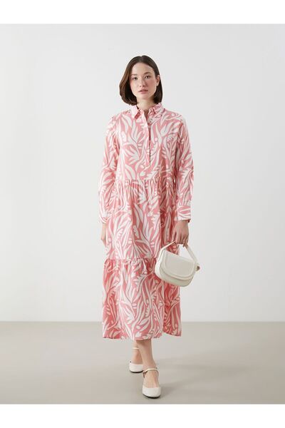 LC Waikiki Lcwaikiki Classic Pink Shirt Collar Patterned A-Line Dress