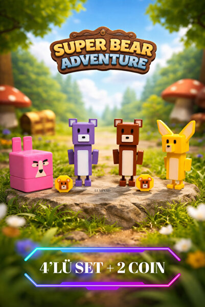 lumix3d Super Bear Adventure Ayı,Mor Ayı,Tilki,Tavşan 4’lü Figür Seti + 2 Coi...