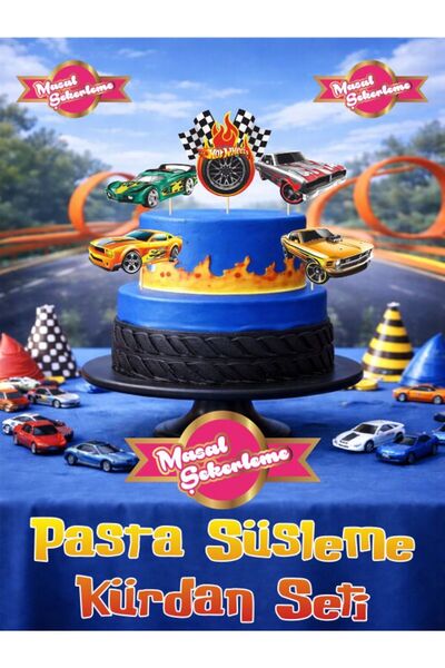 Masal Şekerleme Hotwheels Büyük Boy Özel Kesimli Pasta Süsleme Kürdan Seti, C...