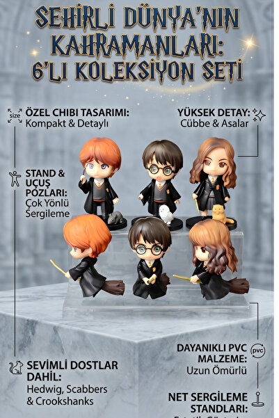 Harry Potter 6-Piece Collection Figure Set 9 cm -Harry, Ron, Hermione Toy Set with Broom and Stand