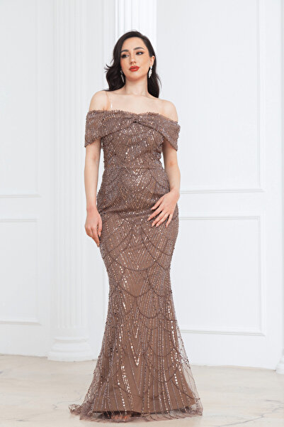 BEYBOS Μακρύ βραδινό φόρεμα με χάντρες και λαιμόκοψη καγιόκ - ΚΑΦΕ