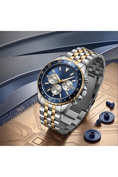 Famexbutik Navy Blue Dial Men's Wristwatch Dual Color Steel Band Luxury Desig...