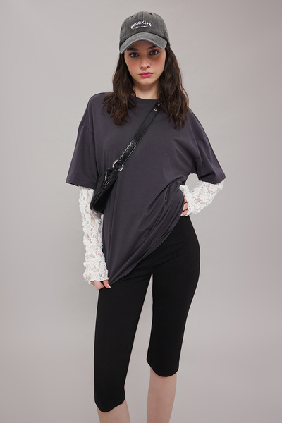 PERESAY Antrasit Kalın Pamuklu Dantel Detaylı Oversize/Geniş Kalıp Örme T-Shirt