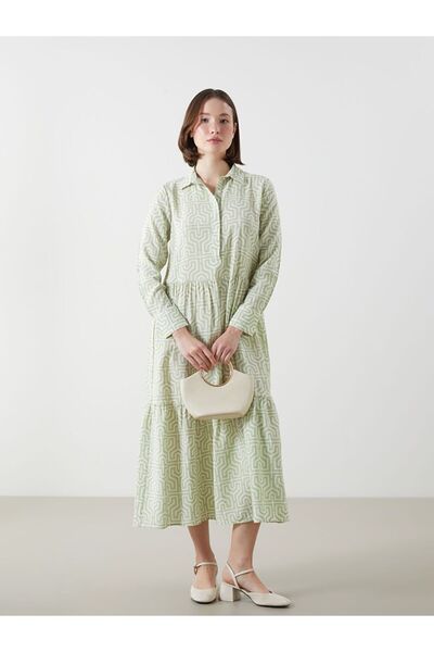 LC Waikiki Lcwaikiki classic green shirt collar patterned a-line dress