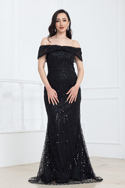 BEYBOS Μακρύ βραδινό φόρεμα με χάντρες και λαιμόκοψη καγιάκ - ΜΑΥΡΟ