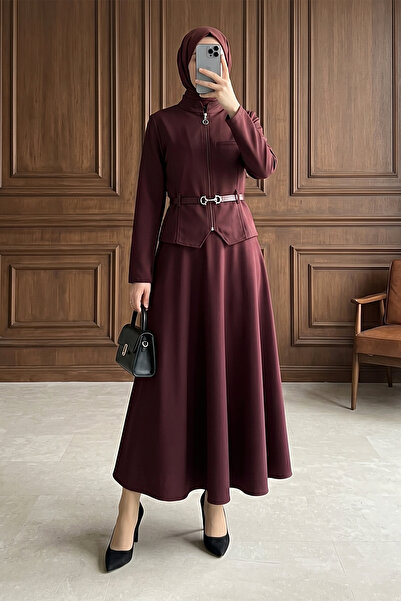 MODAQU Σετ με φερμουάρ, ζώνη και διαγώνια φούστα - Βουργουνδία