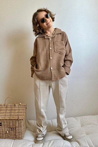NOBLEKIDS Boy's Muslin Shirt - Pants Set (Brown-Beige)