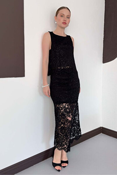 Caddebostan Moda Δαντελένια λεπτομερής μακριά φούστα με φόδρα, κομψή βραδινή ...