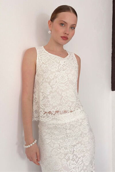 Caddebostan Moda Γυναικεία κομψή αμάνικη μπλούζα με δαντέλα