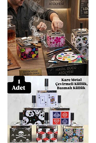 ÇEÇEN HOME (1 Adet) Karışık Desenli Kare Metal Döner Küllük Basmalı Küllük Kü...