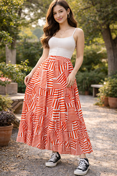 hoaryage Elastic Waist 3-Layer Ruffled Viscose Fabric Skirt, Mevlana Long Cot...