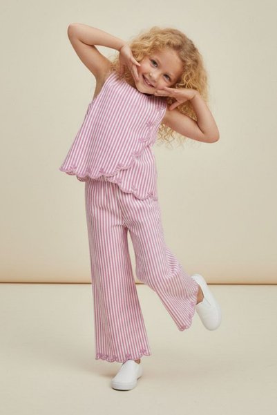 Generic Brand Pink Colored Striped Scallop Detailed Girls' Summer Trousers and Blouse Two-Piece Set