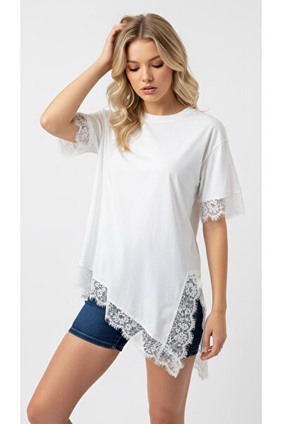 Noi Belis Ασύμμετρη φούστα με δαντέλα και λεπτομέρεια πλεκτό μπλουζάκι με λαι...