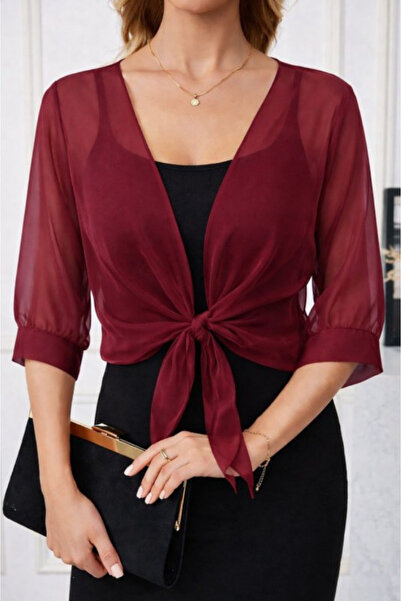 Kokosh moda Kadın Truvakar Kol Önden Bağlamalı Kısa Şifon Bolero Ceket
