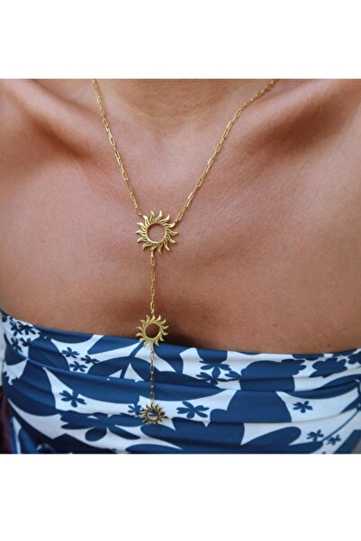 Serra Women's stainless steel gold color sun detailed y necklace