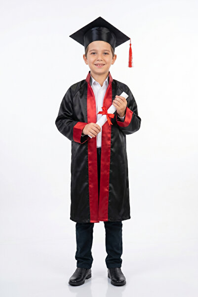 nacar çarşı Παιδικό Σετ Κόκκινης Ριγέ Μαύρης Ρόμπας Αποφοίτησης και Καπέλου Δ...