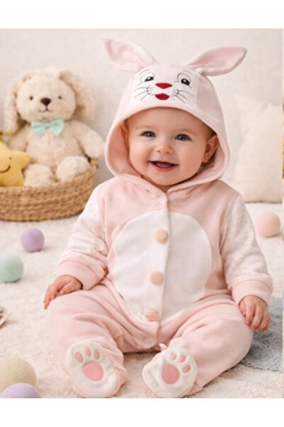 Beniz Kids Bebek Tavşan Kulaklı Kapüşonlu Tulum Pamuklu Peluş Yumuşak