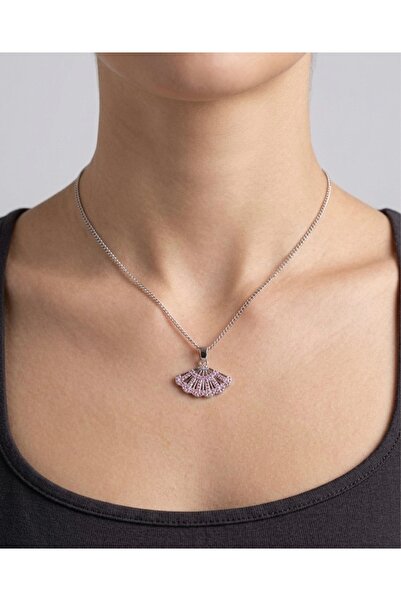 ZEN CO Vintage Stil Işıltılı Pembe Yelpaze Uçlu Kolye
