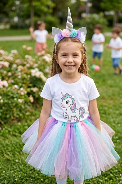 Liliza Accessories Unicorn Çocuk Taç Renkli Çiçek Detaylı Doğum Günü Konsept
