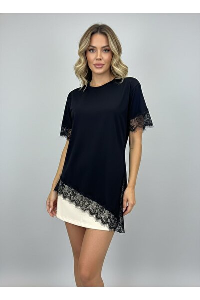 Noi Belis Ασύμμετρη φούστα με δαντέλα και λεπτομέρεια πλεκτό μπλουζάκι με λαι...