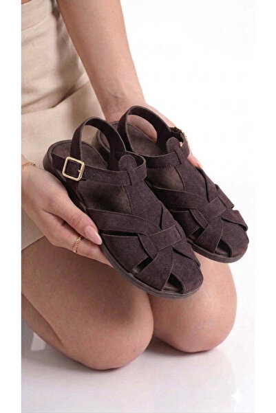 MAYA SHOES Kadın Sandalet Önü Kapalı Süet Tokalı Günlük Rahat Sandalet