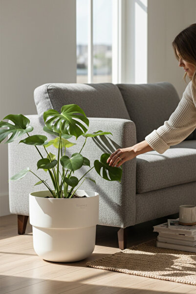 TEMMUZ HOME Kuple Premium Serisi 26 Lt Modern Tasarım Saksı - Salon ve Balkon Tipi Büyük Boy Saksı(Kirli Beyaz)