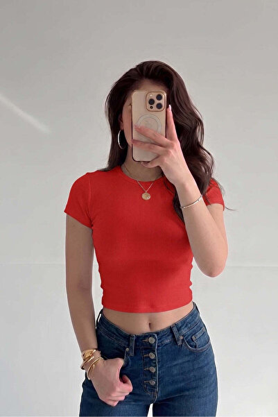 VACHT Women's Red Crew Neck Short Sleeve Ribbed Camisole Crop Blouse