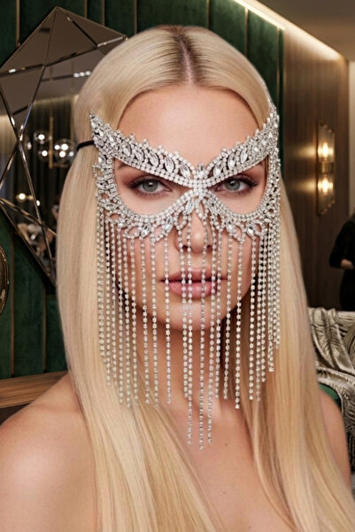shop Lüks Kristal Taş Detaylı Gümüş Maske - Özel Gün ve Balo Şıklığı