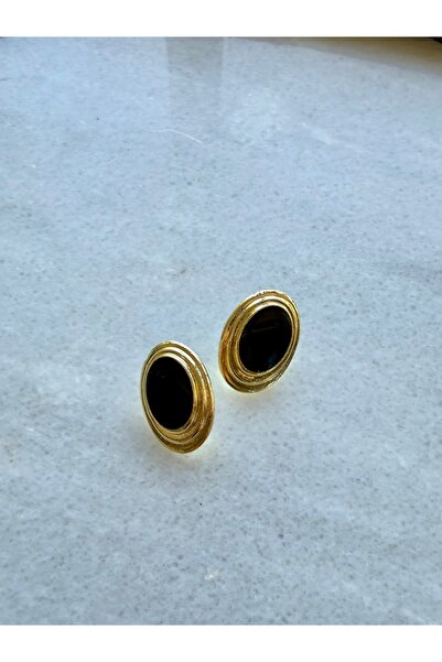 Merishe Jewerly Gold Damla Siyah Mineli Çelik Çivi Küpe