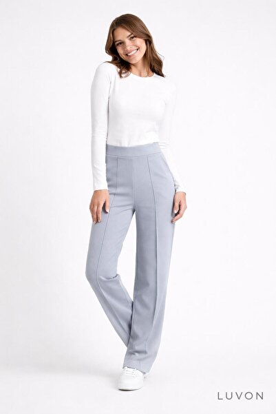 LUVON Gray High-Waisted Women's Palazzo Trousers with Pockets