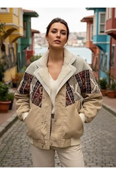 CANMODA (7919) Recien Unisex Γούνινο Γιακά Vintage Αζτέκικο Μπουφάν Oversize ...