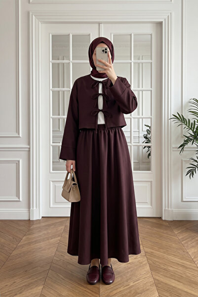 MODAQU Λινό Σετ Φούστα-Μπλούζα με Δαντέλα - Σκούρο Μωβ