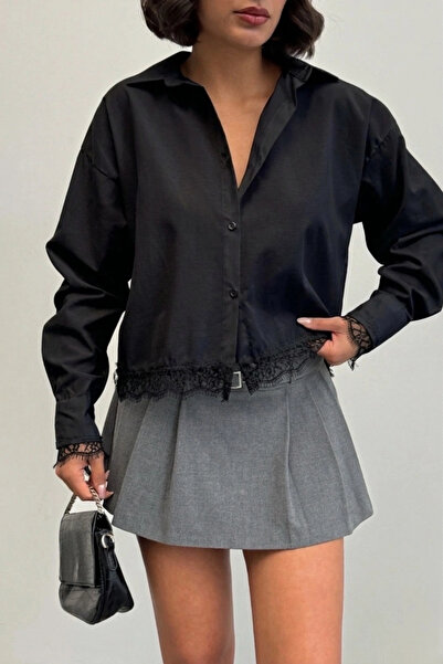 URİS Women's Black Stylish Lace Detailed Shirt