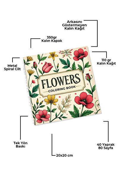 metafortoys Flowers Volume 2 Boyama Kitabı Cozy Book – 21x20 cm I 40 Görsel I Çocuklar ve Yetişkinler İçin