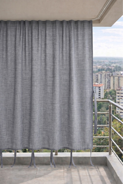 DEVRİM OLİVYA TEKSTİL Γκρι κουρτίνα μπαλκονιού με κορνίζα και κορδόνια, αδιάβ...