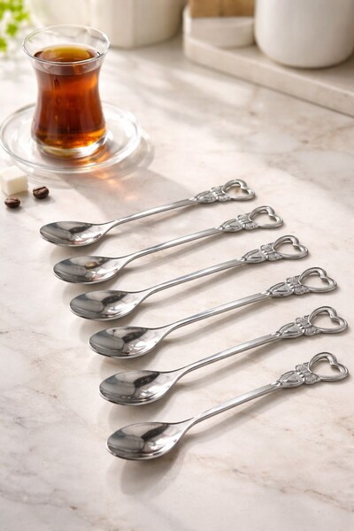 Senin Dükkanın Set of 6 Elegance Series Tea & Coffee Spoons Silver Heart Model