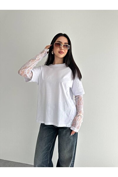 PIOVE Women's Lace Sleeve Detailed Oversize T-Shirt – Stylish and Modern