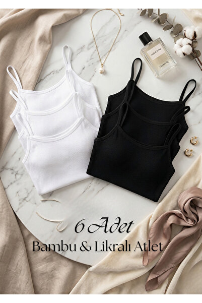 QKK Γυναικείο σετ 6 τεμαχίων ασπρόμαυρα μπλουζάκια από μπαμπού λύκρα με λεπτέ...