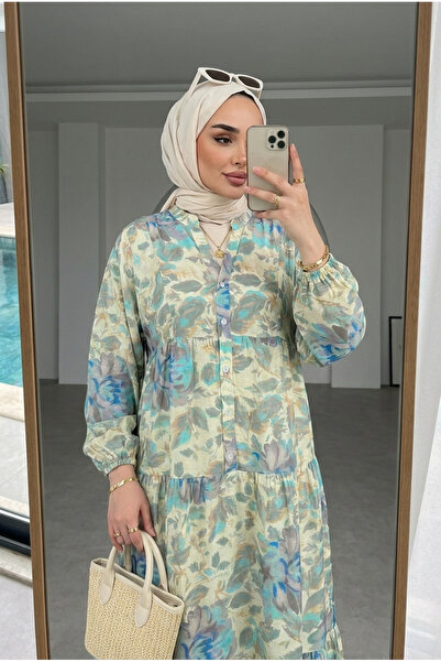 Kirazca Butik Kadın Çiçek Desenli Rahat Kalıp Tesettür Elbise – Kat Kat Düğme...
