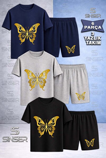 SS SİNSER Children's Buttrfly Gold Color Printed Crew Neck 3-Piece T-Shirt - ...