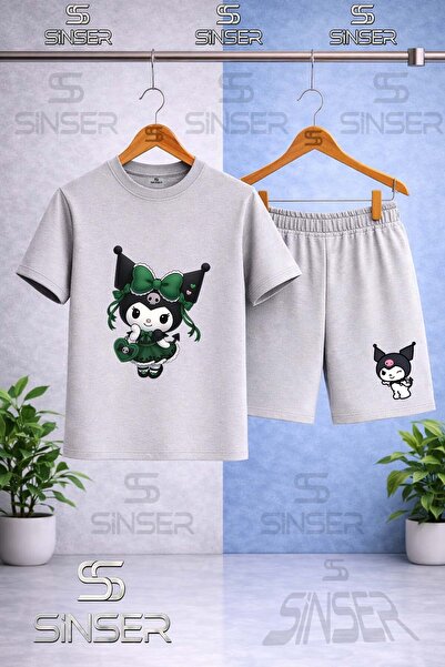 SS SİNSER Children's Kromi Green Dress Printed Crew Neck T-Shirt - Shorts Set